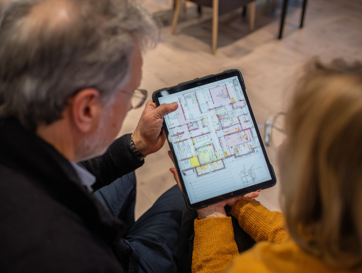 Soundproofing consultant meeting with Bay Ridge client, showing acoustic design plan on tablet